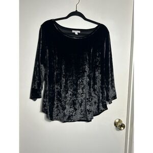 Westport 1962 Black Crushed Velvet Top Blouse XL 3/4 Sleeve Scoop Neck Stretch